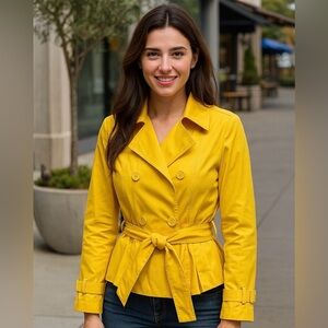 Woman's Black Rivet Yellow Cotton Poly Double Breasted Zip Trench Jacket, Size S